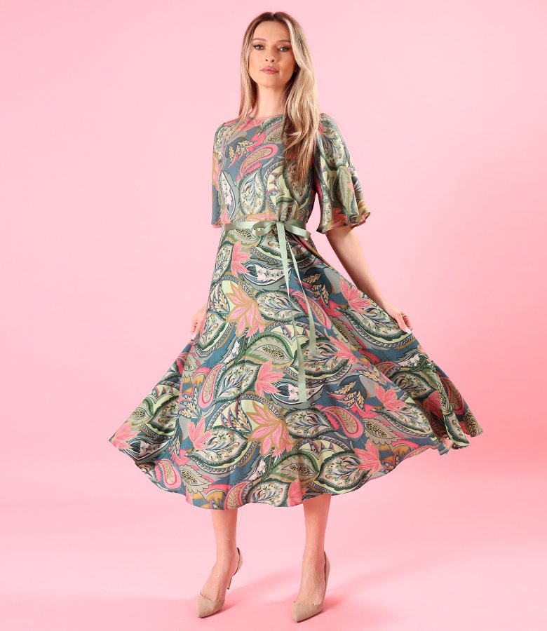 Rochie midi din viscoza cu lana imprimata cu motive paisley verde