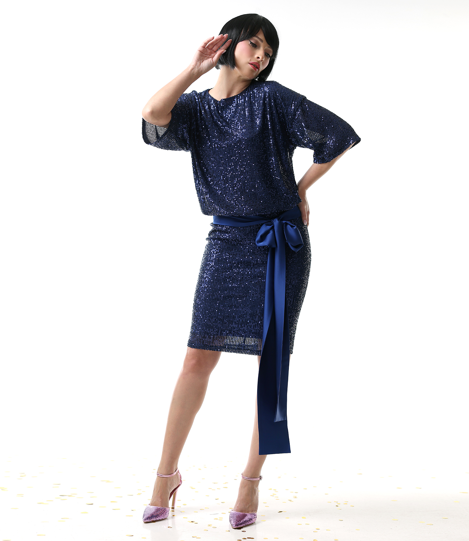 Rochie de cocktail din paiete cu cordon din satin in talie