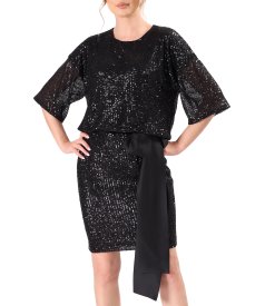 Rochie de cocktail din paiete cu cordon din satin in talie