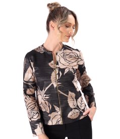 Bluza cu fir metalic auriu si fermoar fata