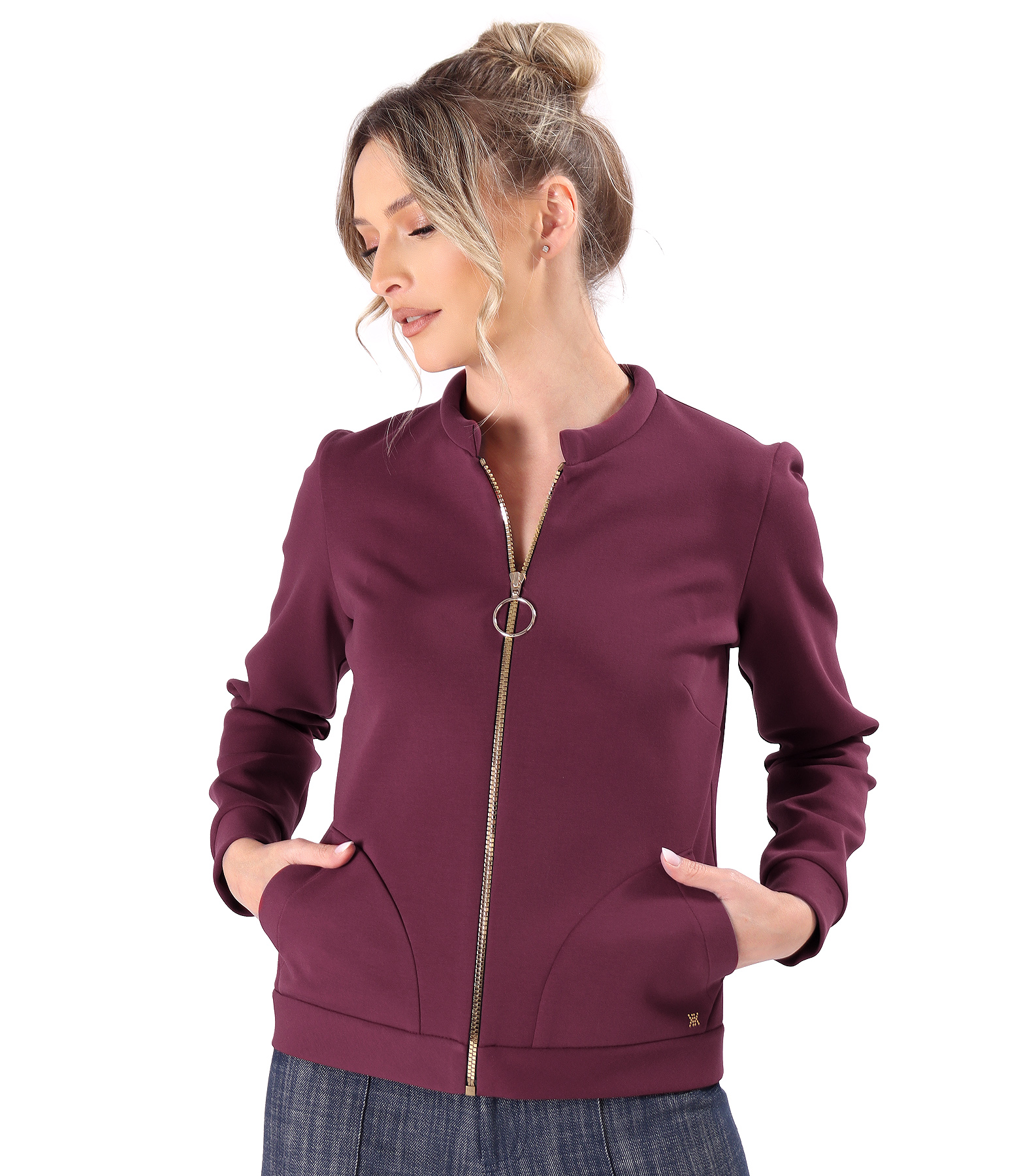 Bluza din stofa plina tip scuba cu bumbac cu fermoar pe fata