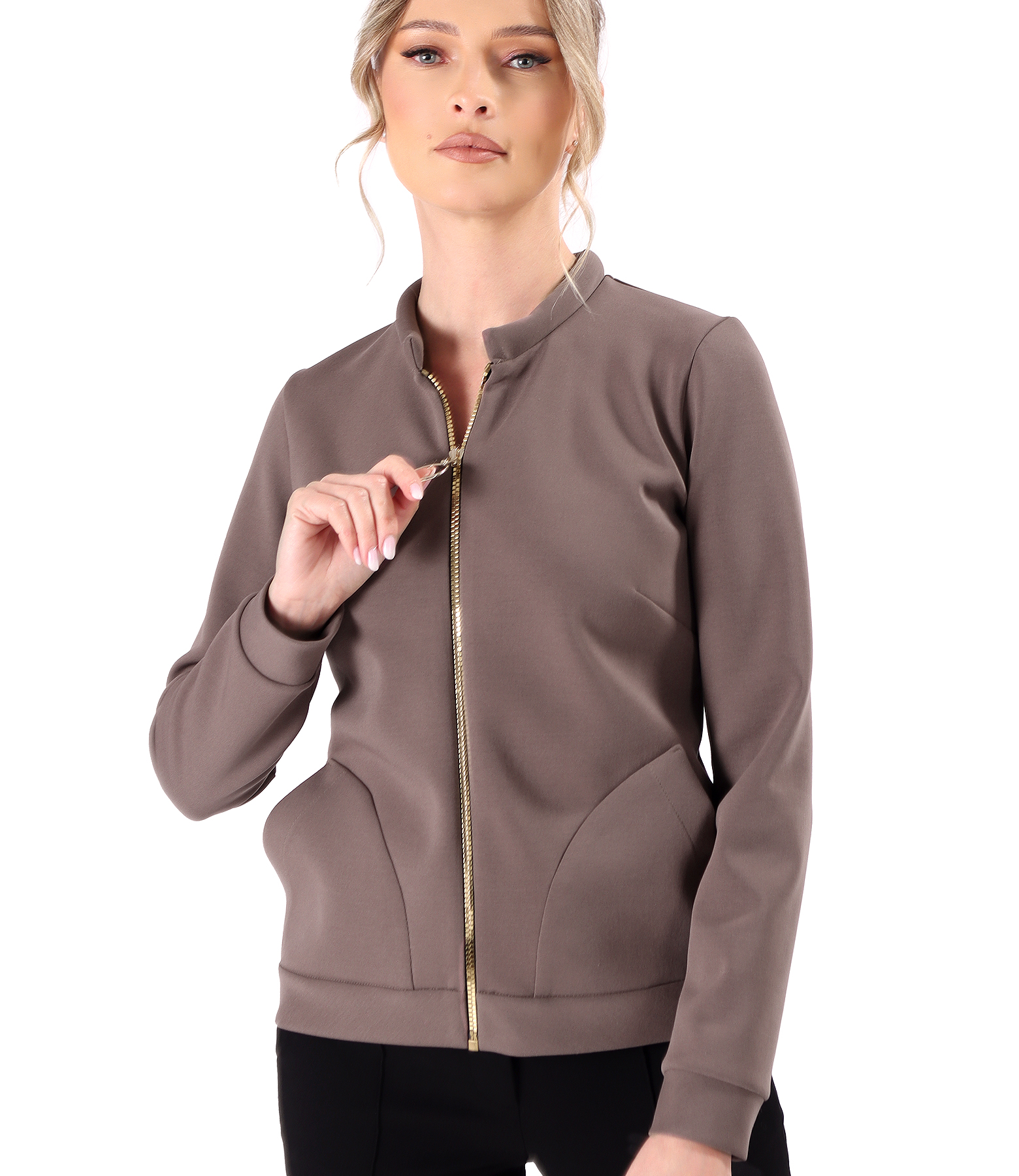 Bluza din stofa plina tip scuba cu bumbac cu fermoar pe fata