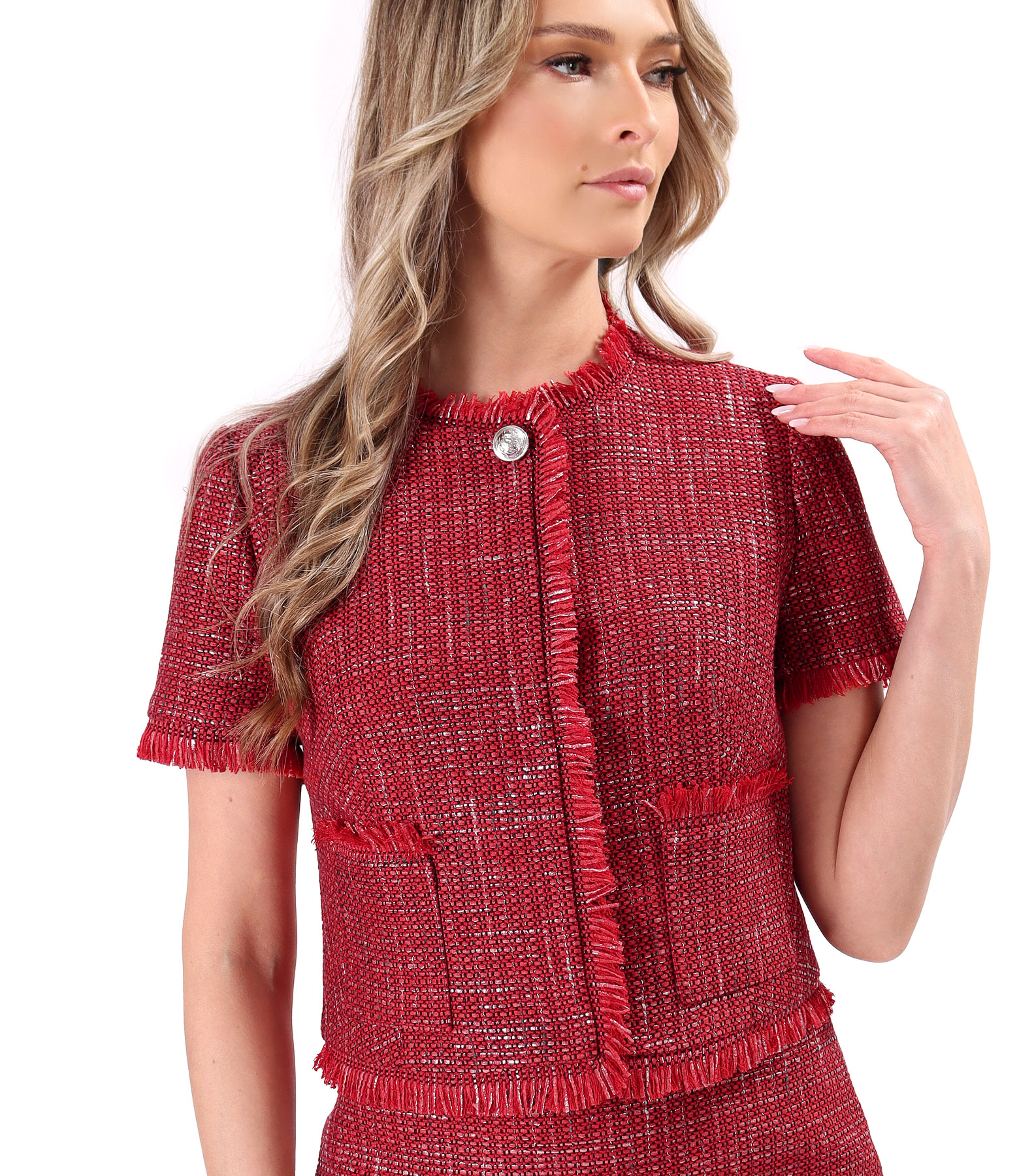 Sacou din bucle cu viscoza si fir argintiu cu maneci scurte