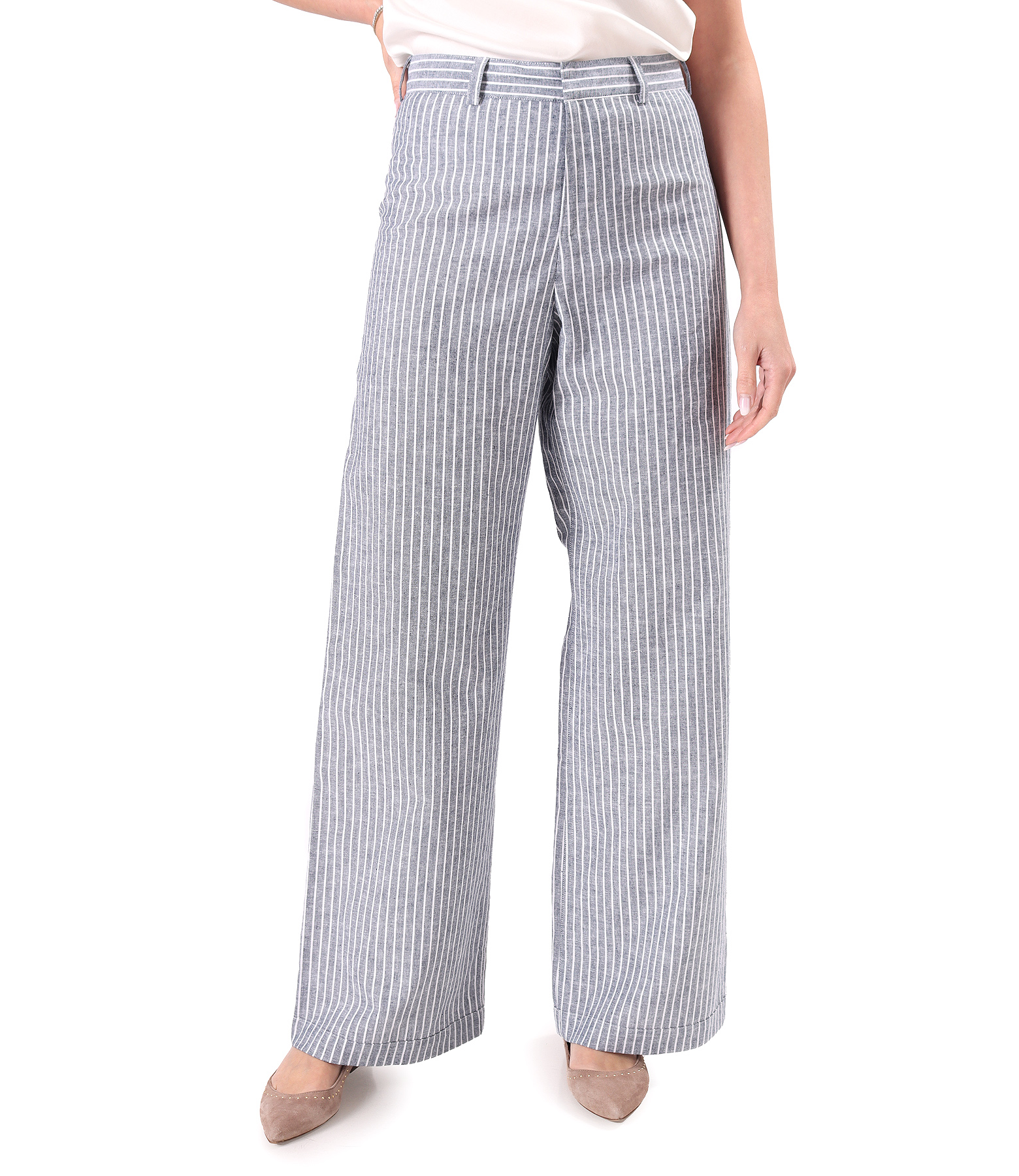 Pantaloni lejeri din in cu bumbac imprimat cu dungi