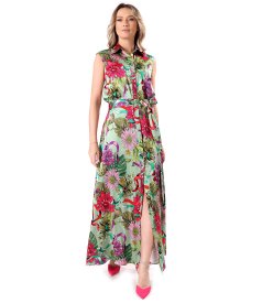 Rochie lunga din viscoza satinata imprimata cu motive florale