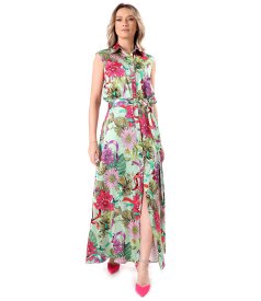 Rochie lunga din viscoza satinata imprimata cu motive florale