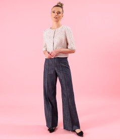 Sacou din dantela cu bumbac si fir de efect cu pantaloni largi din denim