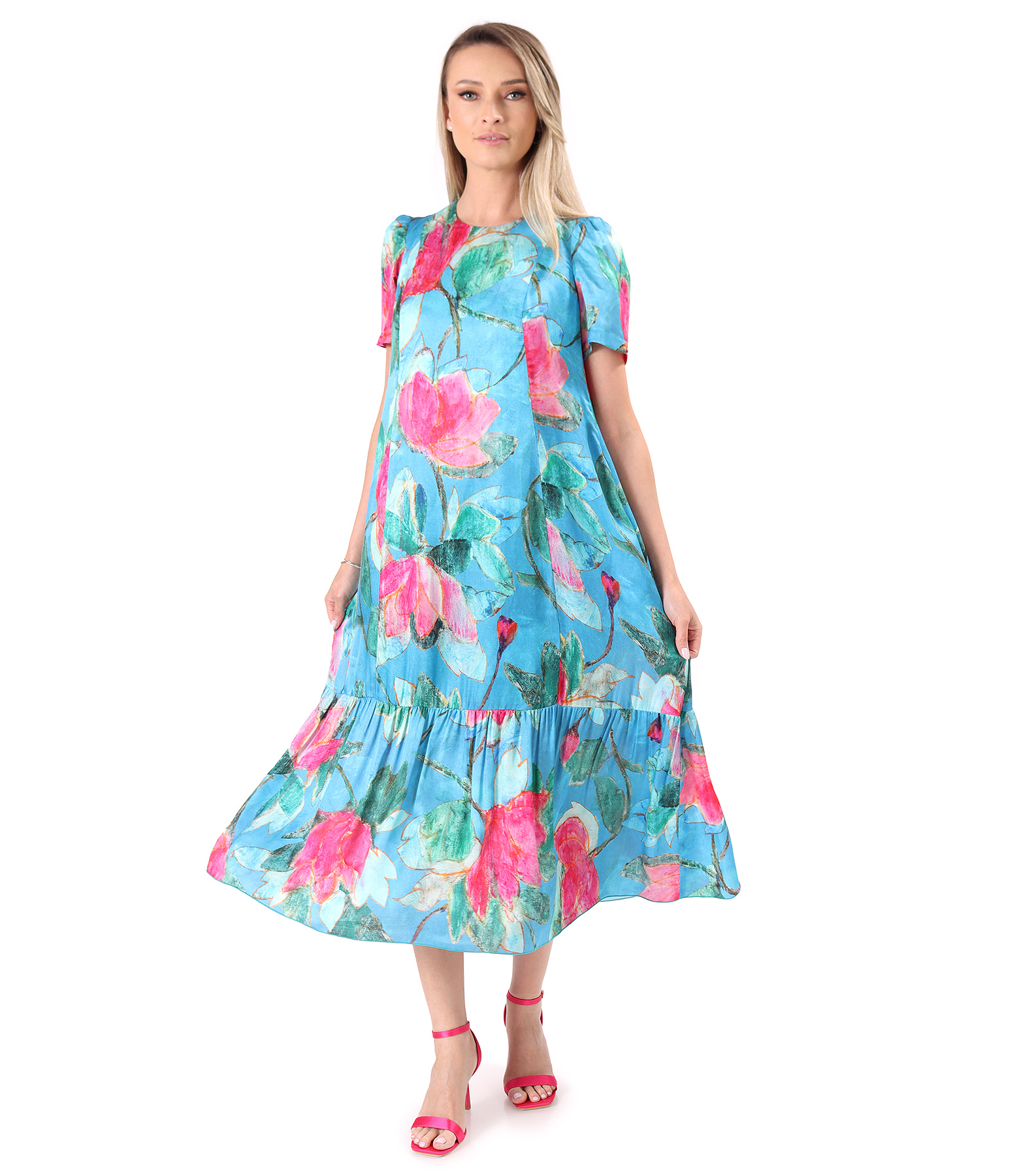 Rochie midi lejera din viscoza cu matase naturala imprimata cu motive florale
