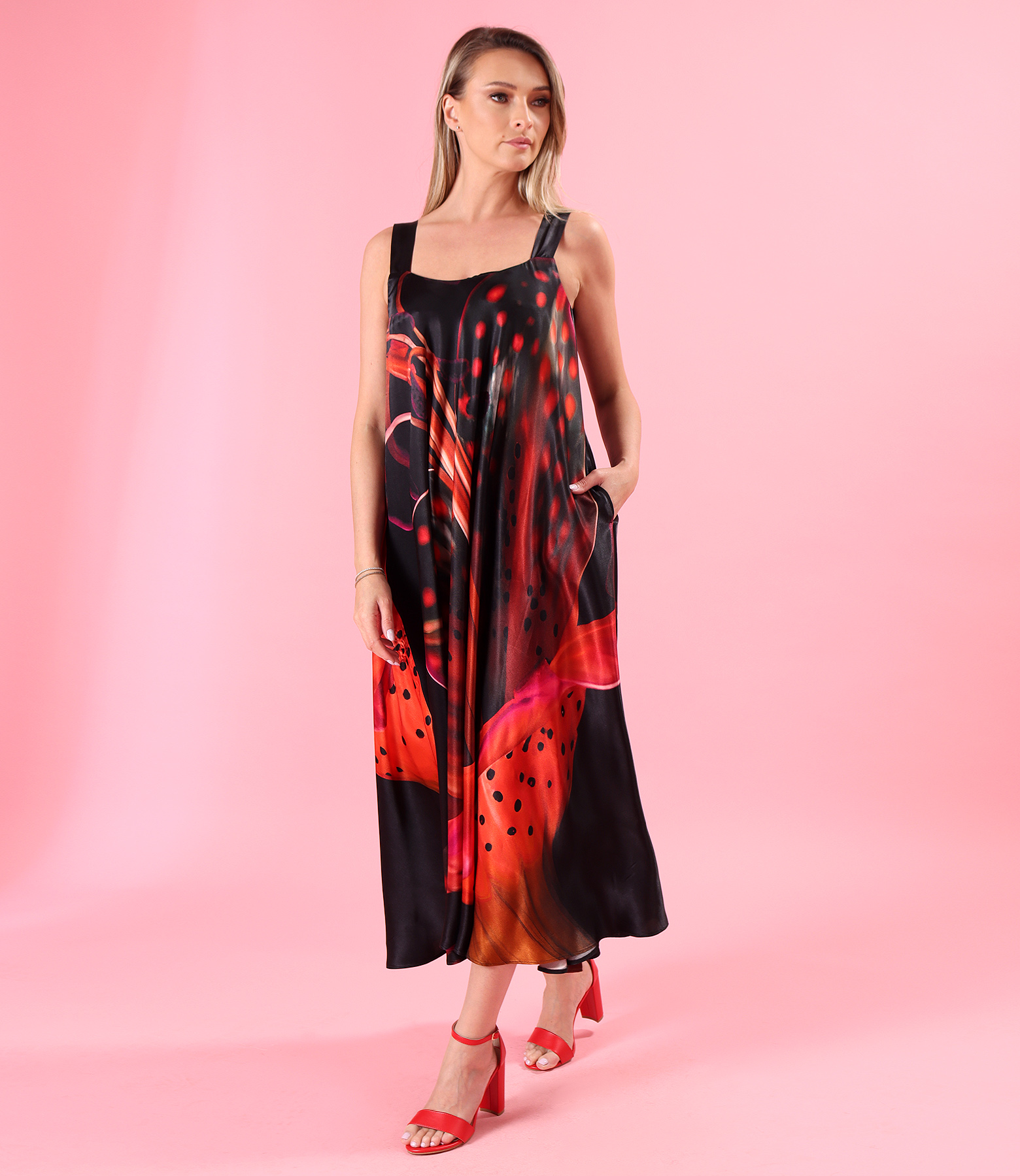 Rochie midi cu bretele din satin de viscoza