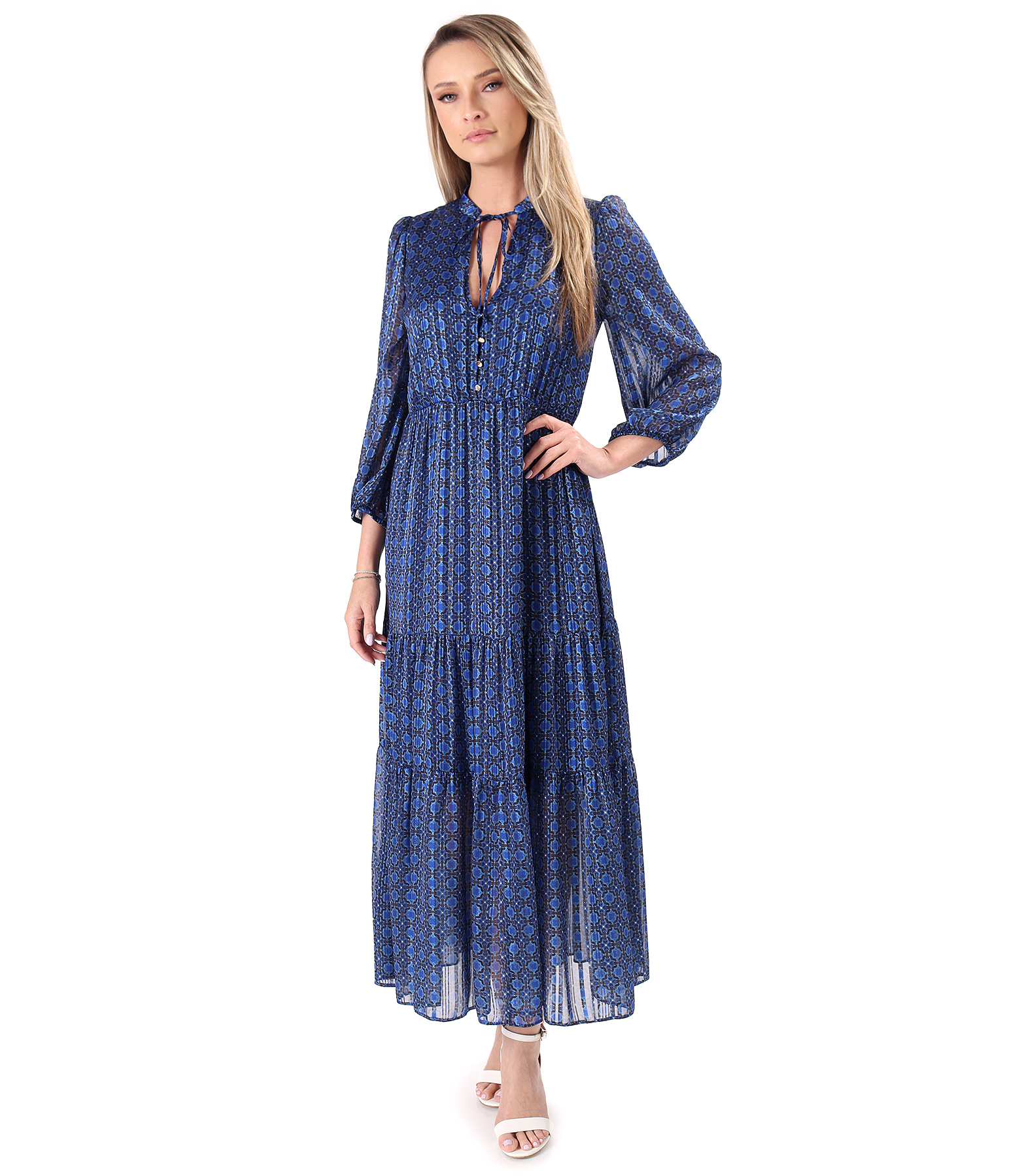 Rochie lunga cu volane din voal cu fir de lurex