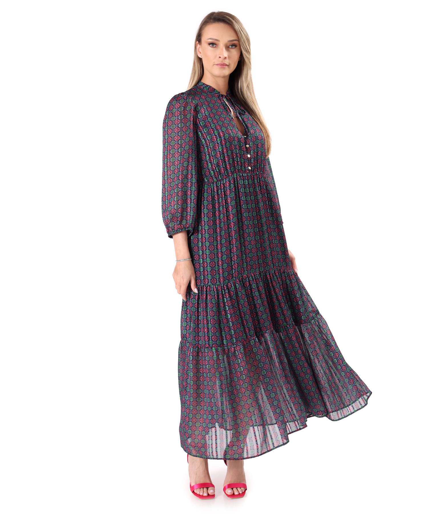 Rochie lunga cu volane din voal cu fir de lurex