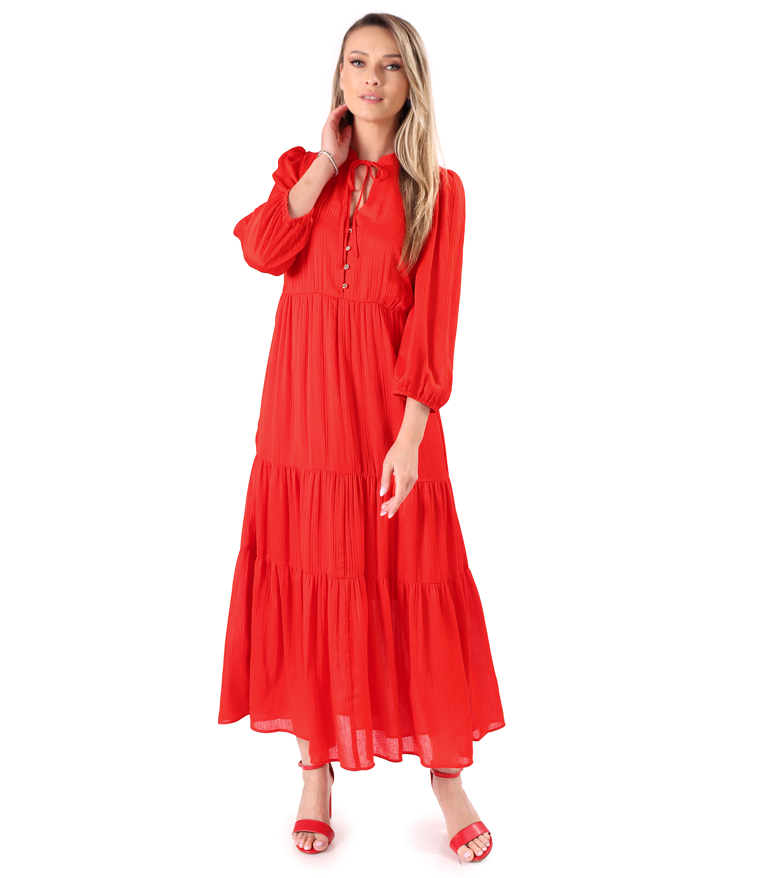 Rochie lunga cu volane din voal uni