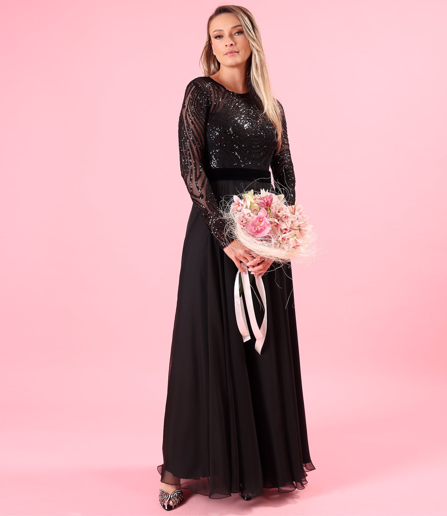 Rochie de seara lunga cu bustul din tul cu paiete