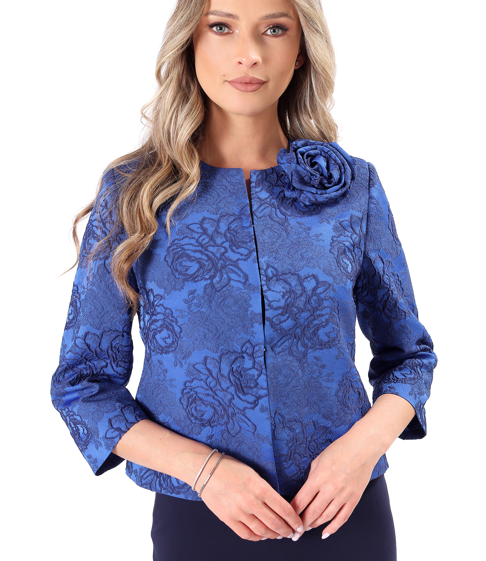 Sacou elegant din jerse elastic brocat cu motive florale