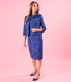 Tinuta eleganta cu rochie si sacou din jerse elastic brocat cu motive florale