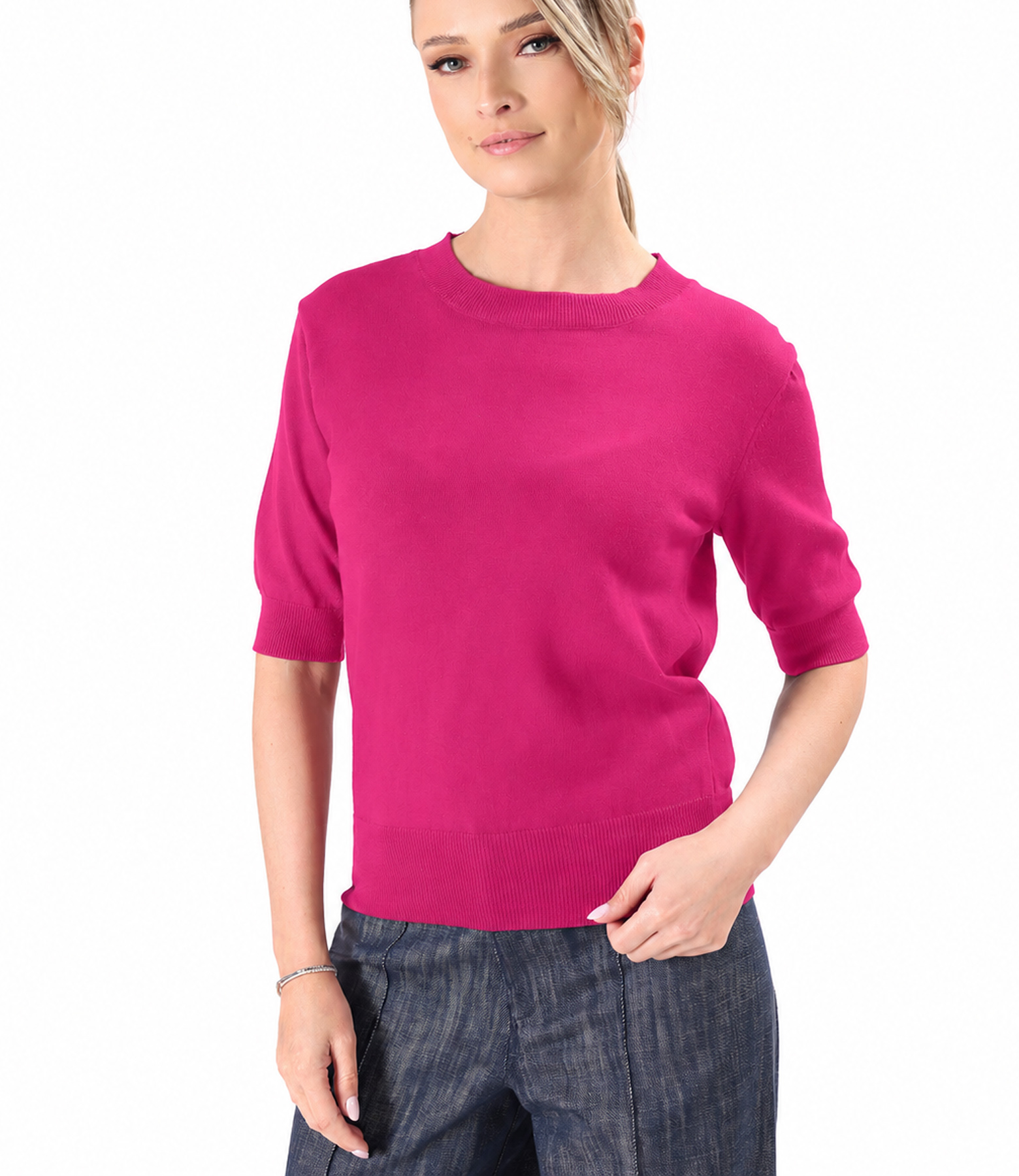 Bluza tricotata fin din bumbac cu maneci scurte