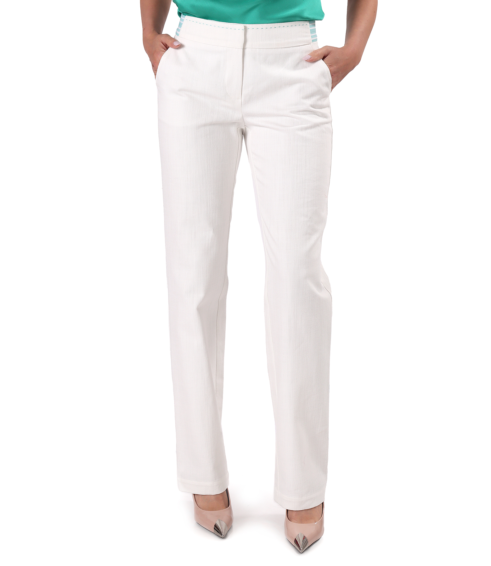Pantaloni drepti din bumbac tip denim alb-ecru