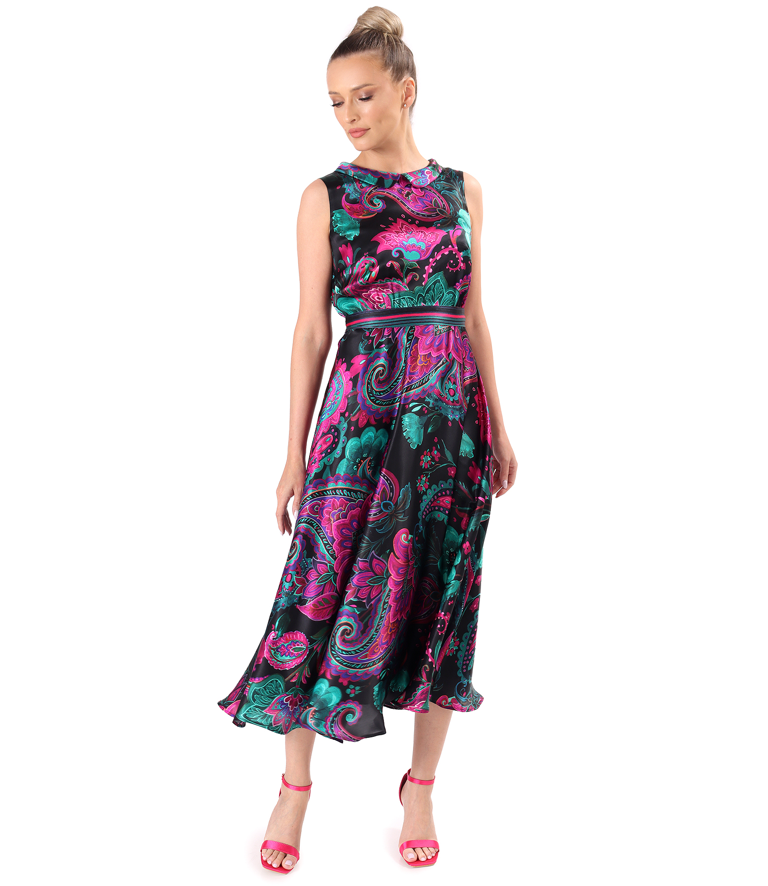 Rochie midi din matase naturala imprimat cu motive florale