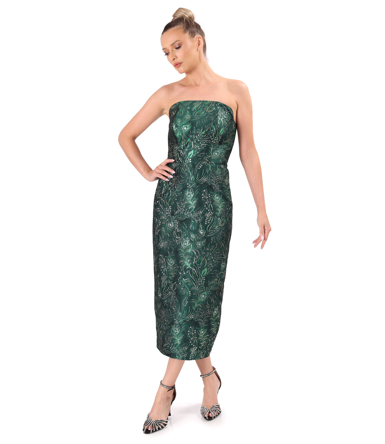 Rochie midi de cocktail cu corset din brocard cu fir metalic si motive florale