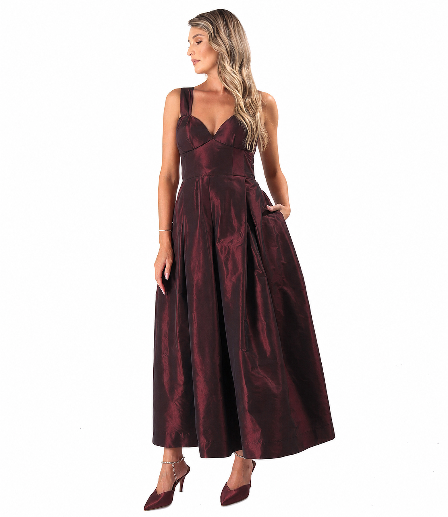 Rochie evazata din tafta cu corset cu bretele