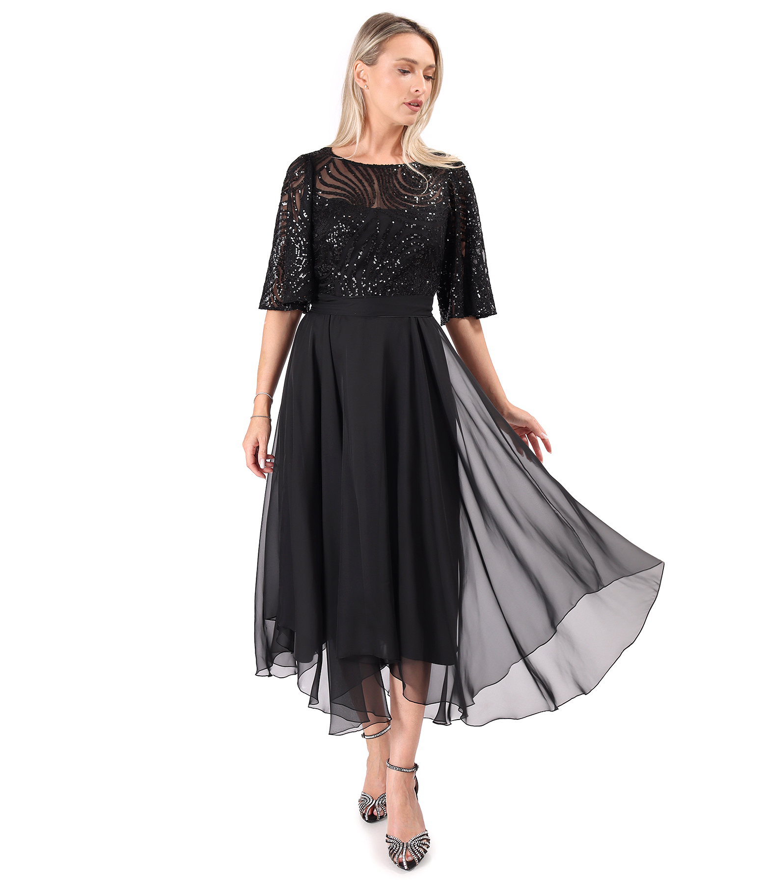 Rochie midi de ocazie cu corsaj si maneci ample din paiete