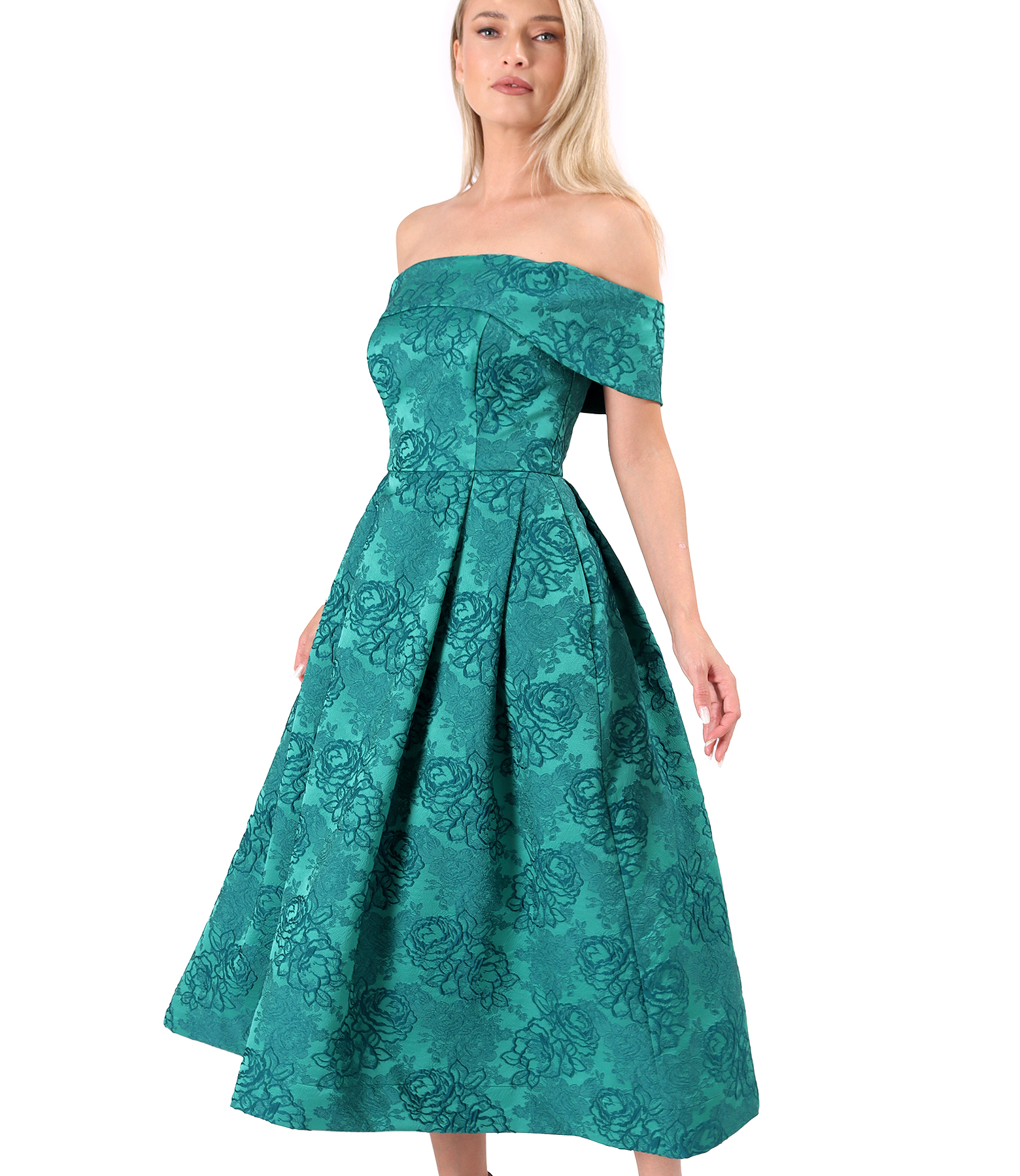 Rochie eleganta de seara cu umeri goi din brocart cu motive florale