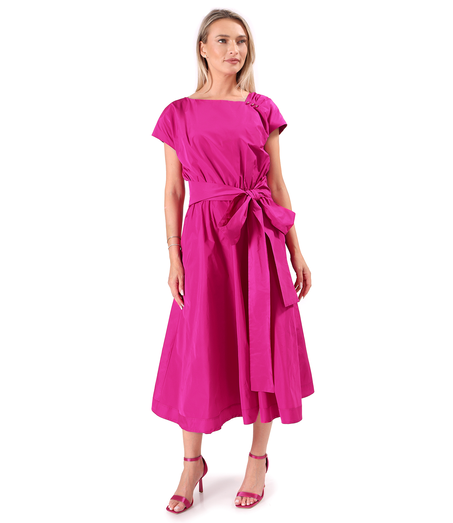 Rochie midi din tafta subtire cu cordon lat in talie