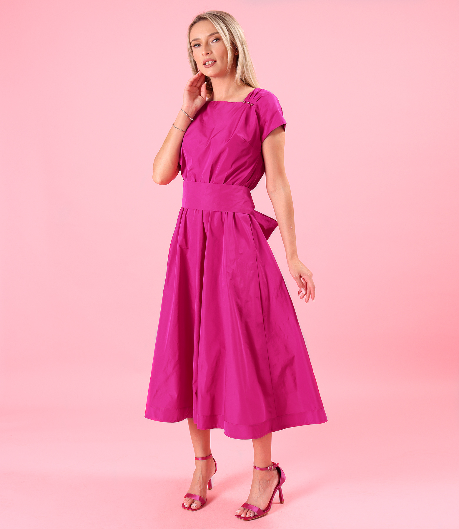 Rochie midi din tafta subtire cu cordon lat in talie