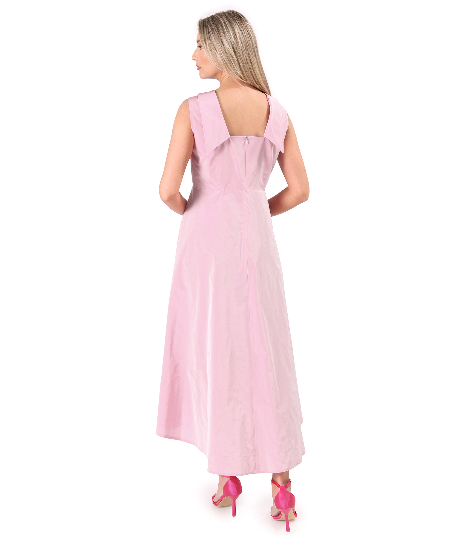 Rochie midi de cocktail din tafta uoar cu guler bie i tren la spate