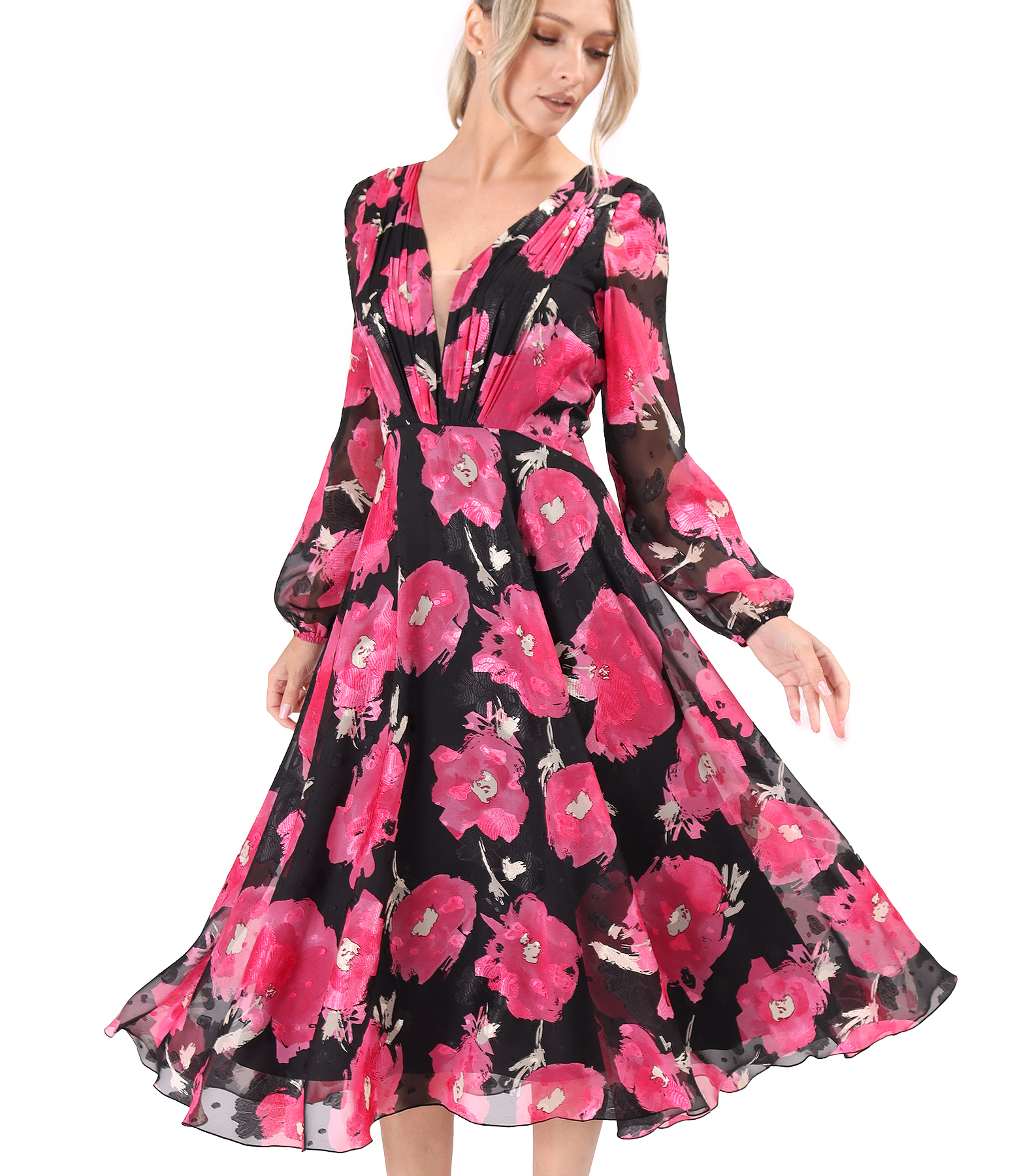 Rochie de seara din voal imprimat cu motive florale