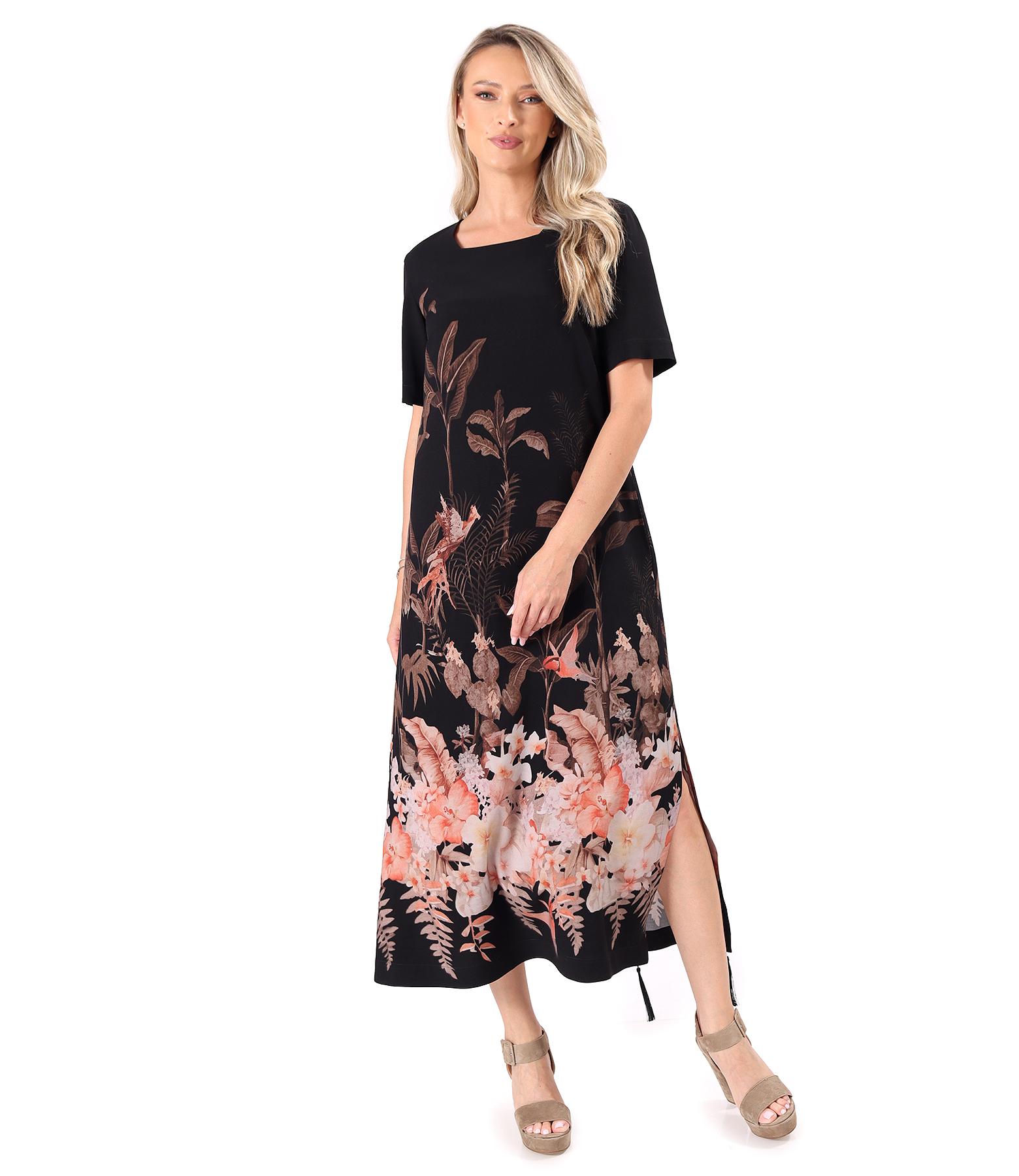 Rochie lunga din viscoza cu imprimeu floral si slit lateral