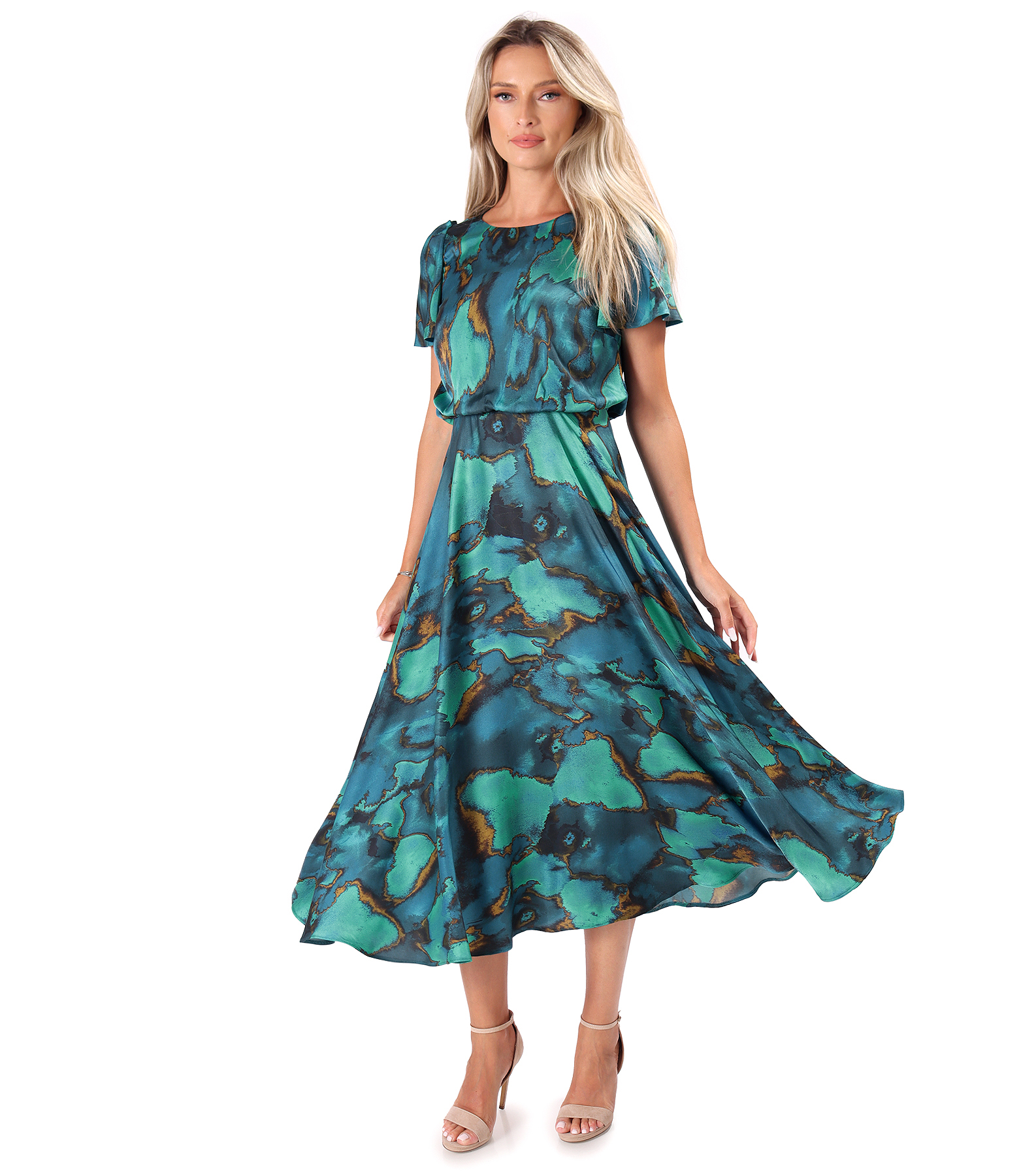 Rochie midi eleganta din satin de viscoza imprimata