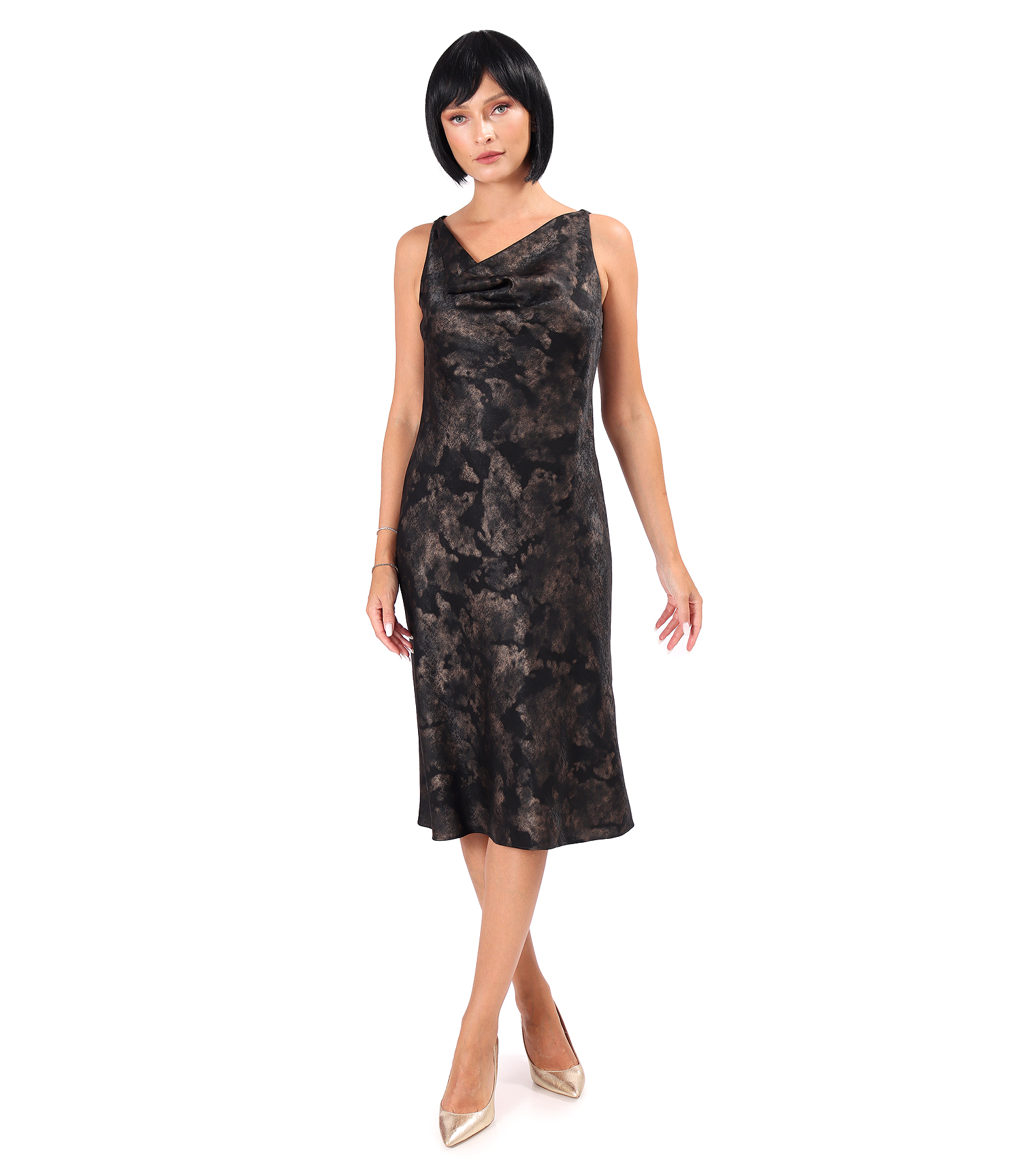 Rochie midi pe bie imprimata cu motive aurii