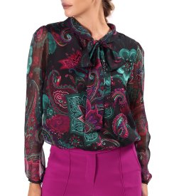 Bluza cu maneci lungi si guler tip esarfa din voal imprimat