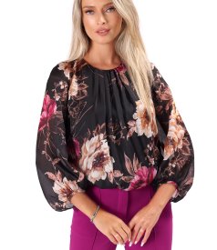 Bluza cu falduri la decolteu din voal imprimat cu motive florale supradimensionate