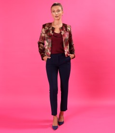 Bolero din catifea imprimata cu motive florale cu pantaloni pana