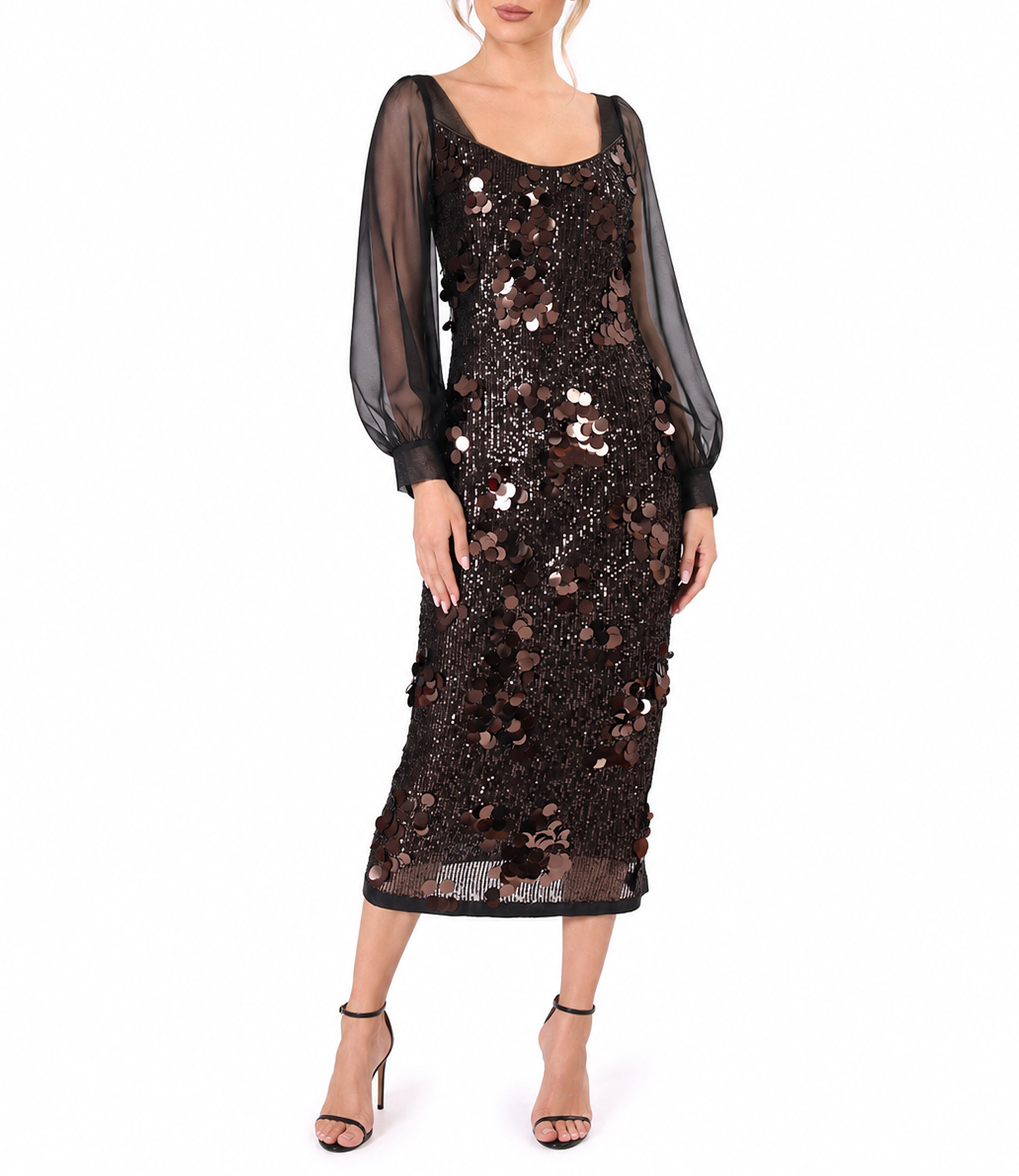 Rochie midi de cocktail din paiete cu maneci din voal