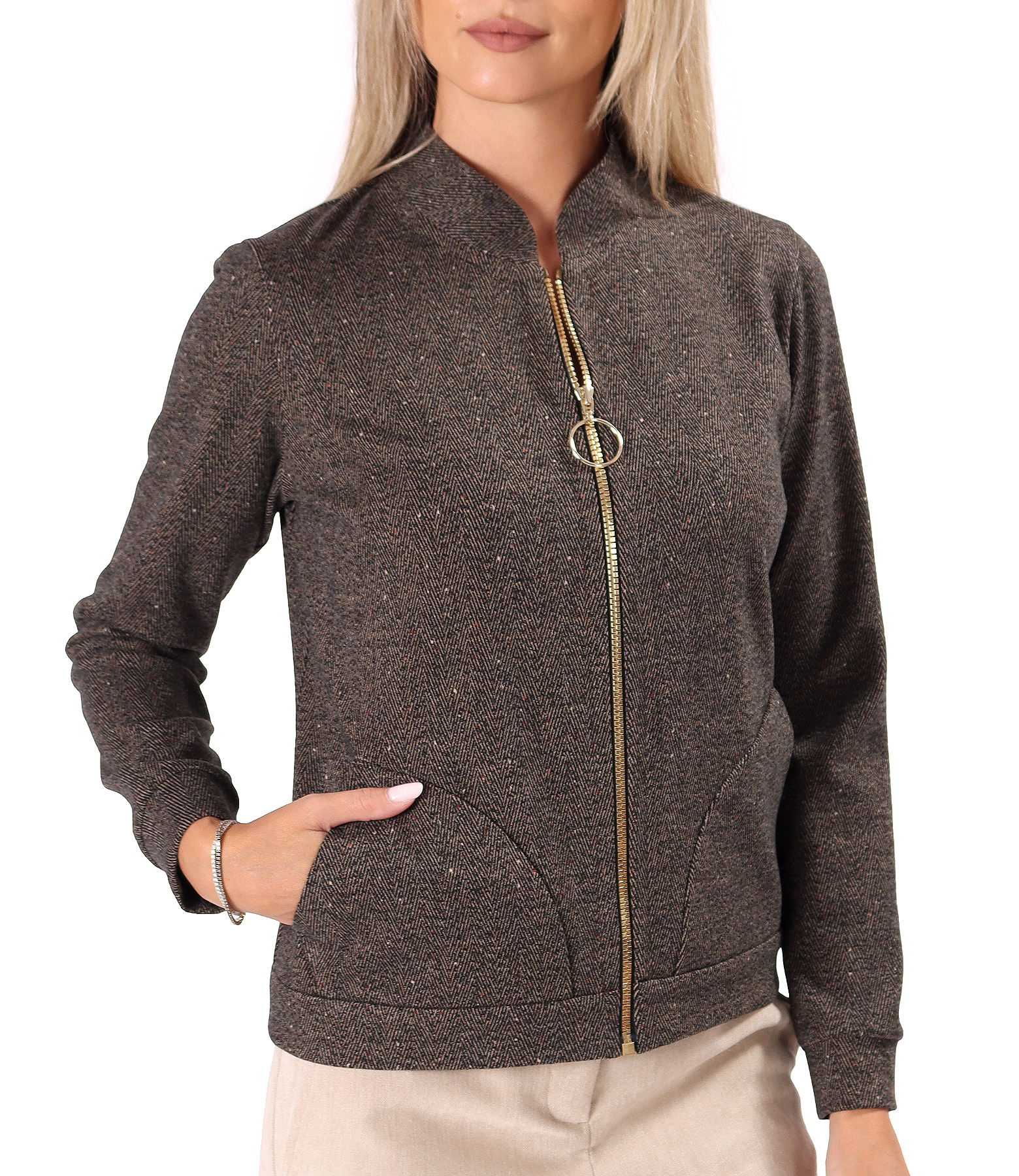 Bluza tip bomber cu fermoar si textura in spic