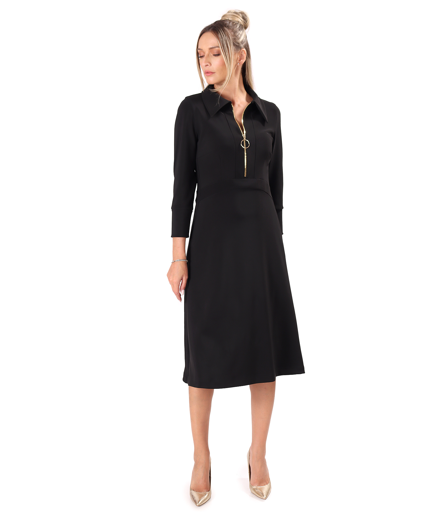 Rochie office evazata cu fermoar auriu
