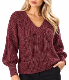 Pulover tricotat cu fir stralucitor si decolteu in V