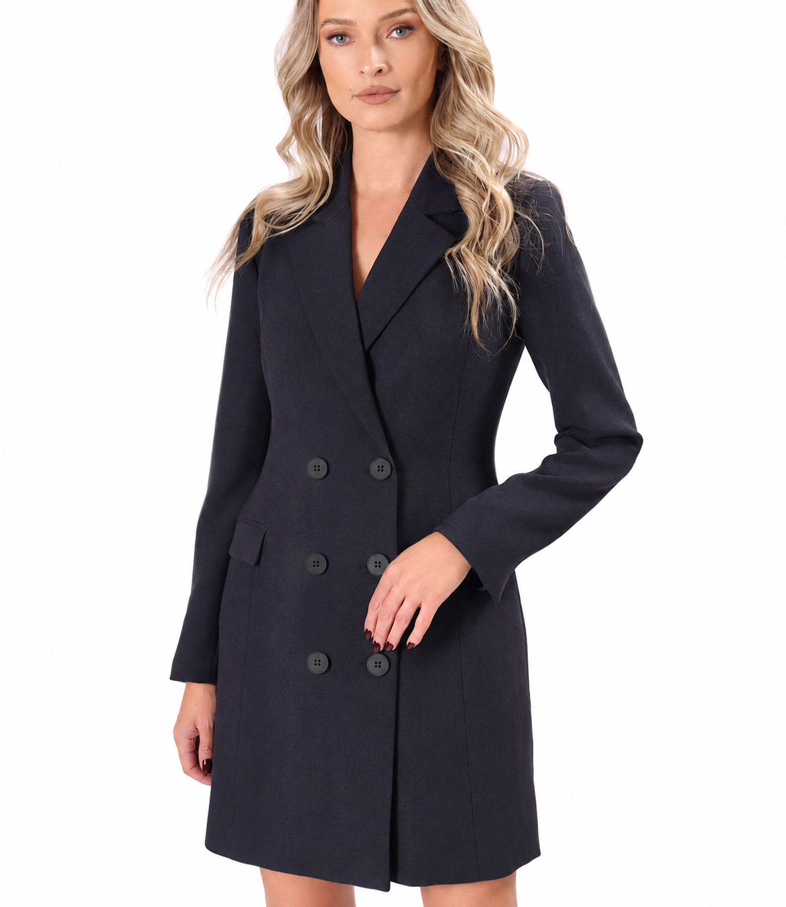 Rochie robe manteau din stofa cu viscoza cu doua randuri de nasturi