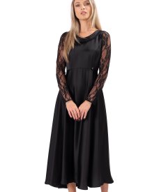 Rochie midi satinata cu maneci lungi din dantela