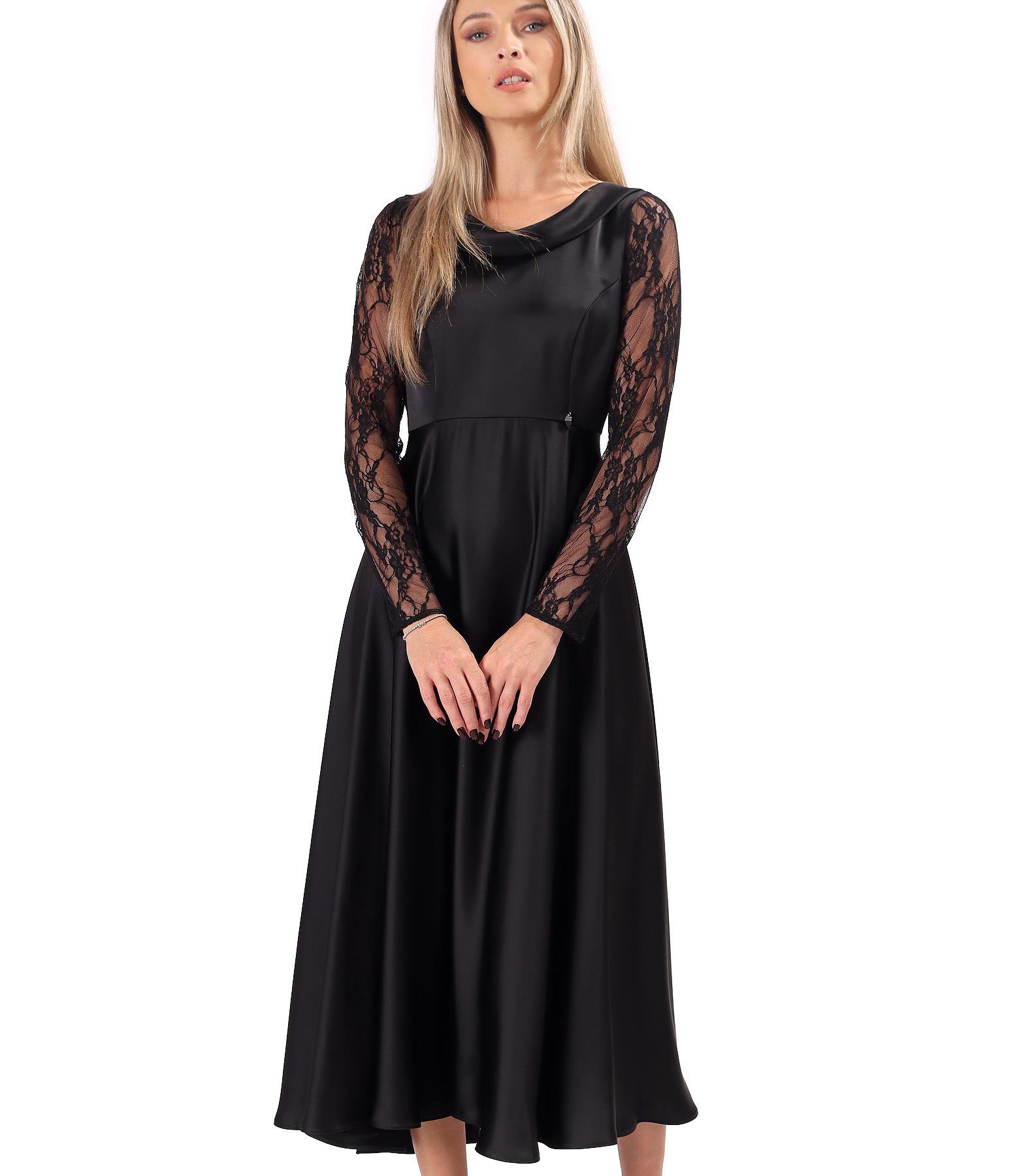Rochie midi satinata cu maneci lungi din dantela