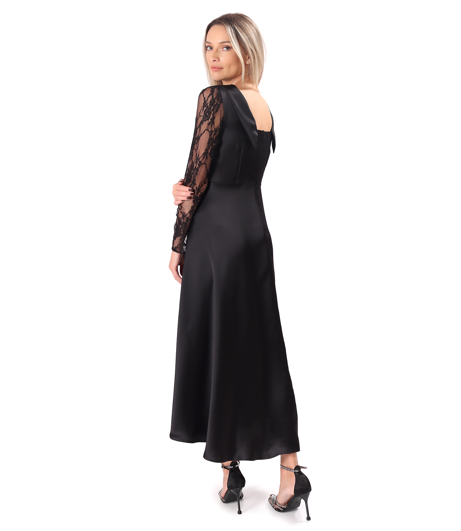 Rochie midi satinata cu maneci lungi din dantela