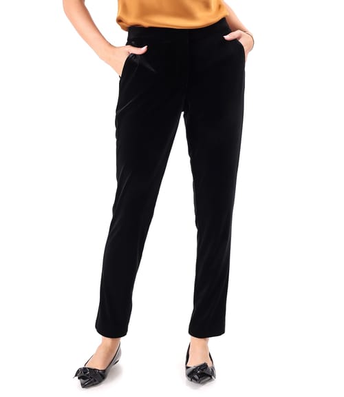Pantaloni pana din catifea elastica neagra cu banda elastica in talie