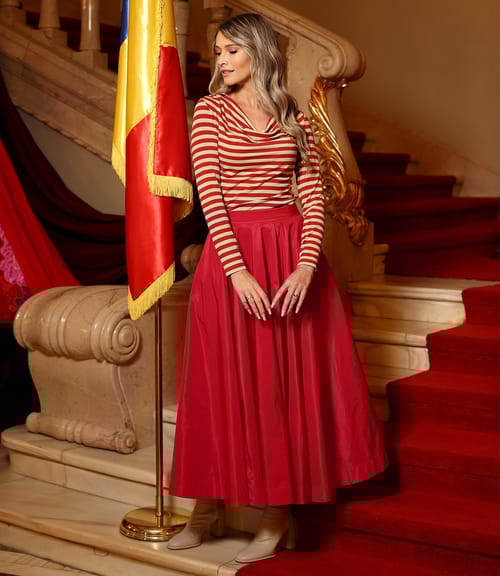 Fusta lunga clos din tafta cu elastic decorativ pe spate