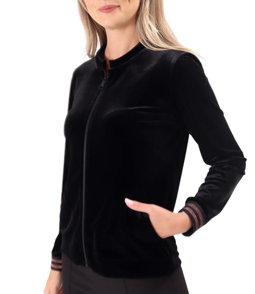 Bluza din catifea elastica neagra cu fermoar pe fata